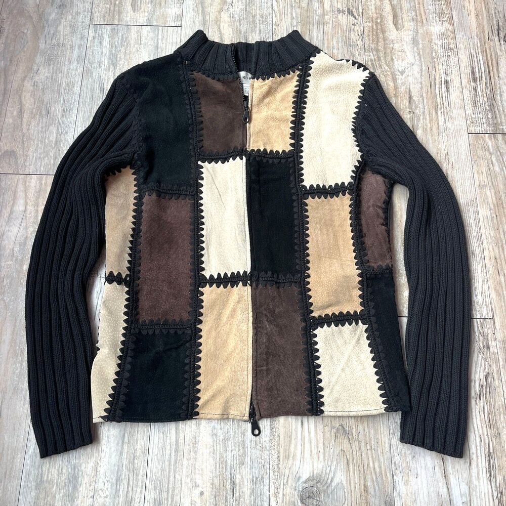 Multi Jumper 90s Vintage Leather Patchwork Sweater Double Zip Up Small Black Brn
